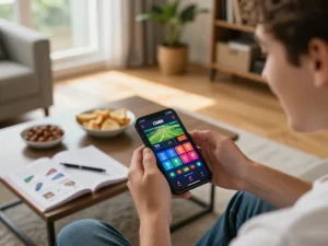Person engaging with the CM88 app for sports betting on smartphone in a cozy home.