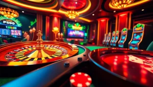 Exciting gaming atmosphere at Nhà cái PS99 with vibrant roulette and poker elements.