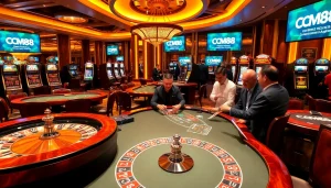 Exciting gaming scene at CM88 casino featuring roulette, poker, and vibrant slot machines.