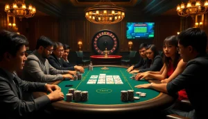 Kèo nhà cái 5 chuẩn showcased with a high-stakes poker game, featuring rich casino elements.