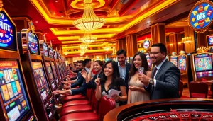Experience the thrill of idnslot action at a vibrant casino with excited players and sleek slot machines.