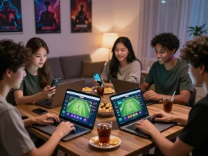 Friends enjoying online betting on VN88 platform in a cozy atmosphere, showcasing engagement and excitement.
