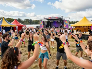 Excited festival goers wearing personalized festival armbänder personalisiert in vibrant setting