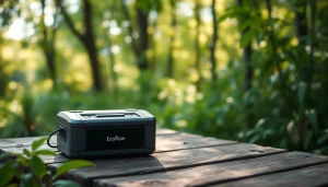 EcoFlow portable power station showcased amidst greenery, highlighting its functionality and design.