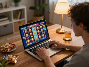 Player enjoying situs slot gacor on laptop with vibrant game interface, warm home atmosphere.