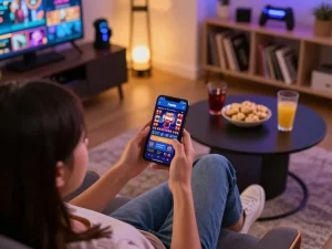 Player engaging with the Fun88 mobile app for casino games in a cozy setting