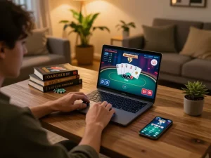 Engaging in poker gameplay online with VA88 strategies visible on the screen, showcasing a strategic gaming setup