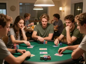 Players enjoying a friendly poker game at home, showcasing MB66's engaging atmosphere.