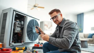 AC Repair Tampa technician inspecting AC unit in modern home setting.
