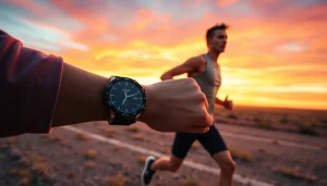 Athlete showcasing Coros watch while running in a breathtaking landscape at sunset.