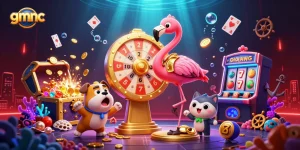 Engage with gmnc’s vibrant casino scene featuring cartoon characters and explosions of coins.