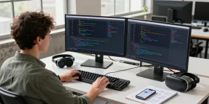 在现代工作空间中体验终极搜狗输入法电脑版下载，展示开发人员使用创新工具和协作技术进行编码。
