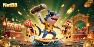 Experience vibrant gaming action at Net88 with a shark surfing on gold coins.