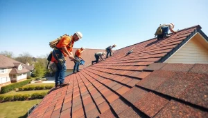 Roofing company team installing a new roof on a suburban home with vibrant colors and bright sunlight.