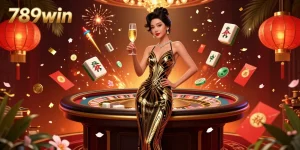 Experience the excitement of 789win with a glamorous casino scene featuring an elegant woman and iconic games.
