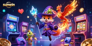Experience the excitement of Sunwin with a vibrant casino-themed illustration featuring mystical characters and dynamic game elements.