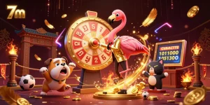 Engage with 7m sports betting excitement as a flamingo host spins a golden prize wheel amidst thrilling game elements.