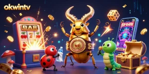 Experience thrilling action with okwintv while witnessing a golden beetle champion in a vibrant casino scene.