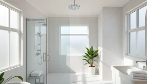 Experience elegant showers Australia with a modern bathroom design featuring a luxury rain showerhead.