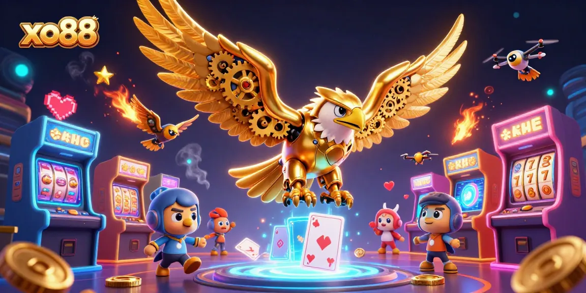 Experience thrilling xo88 slots with a cybernetic golden eagle soaring amidst vibrant gaming elements.