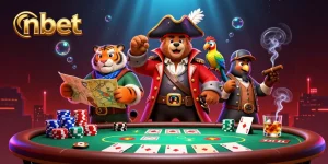 Engage with nbet's vibrant cartoon scene featuring a pirate bear, tiger, and parrot at a poker table.