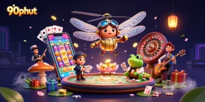 Experience thrilling moments with 90phut as the dragonfly pilot navigates a vibrant casino scene filled with action.