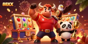 Experience thrilling wins at 88XX casino with slot reels and festive elements in this vibrant illustration.