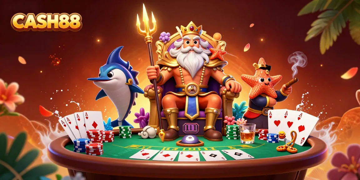 CASH88 showcases an exciting poker scene with cartoon sea king Neptune in a vibrant casino setting.