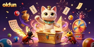 Immerse yourself in the excitement of okfun's colorful lottery-themed casino scene featuring a mummy cat and magical elements.