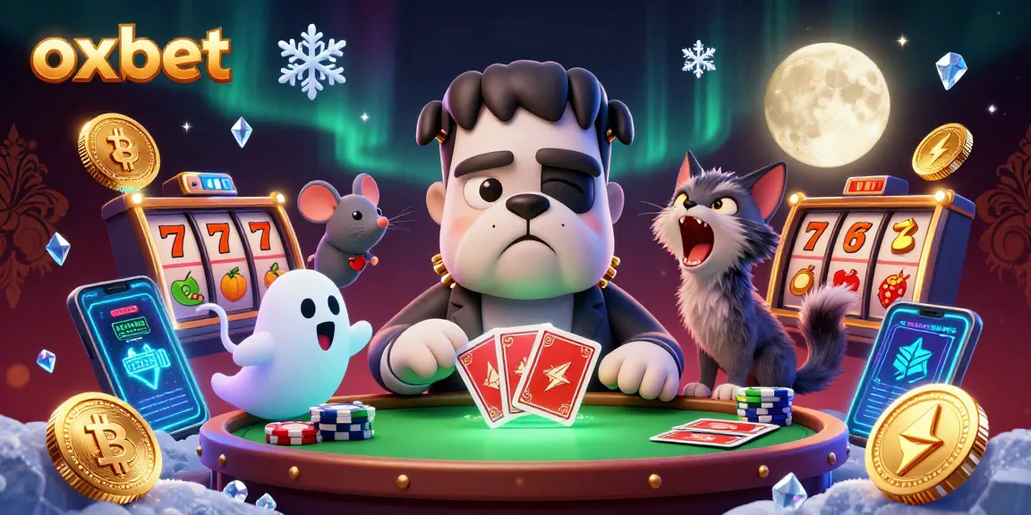 Engage in dynamic card games with the branded oxbet scene featuring a Frankenstein bulldog dealer.
