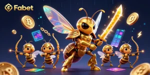 Fabet features an exciting 3D casino illustration with a golden hornet samurai and crypto elements.
