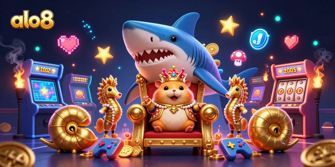 Play and win at ALO8 with a vibrant scene of our golden hamster king leading the casino fun!