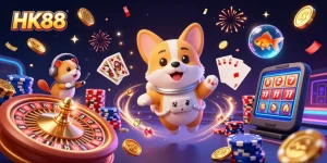 HK88 gaming scene with floating corgi, roulette wheel, and colorful poker chips in a casino