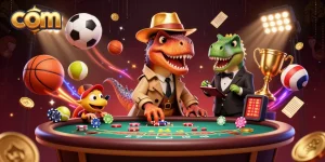 Place bets and win with com's engaging casino scene featuring a velociraptor and stegosaurus.
