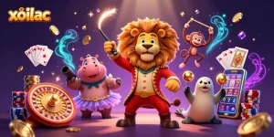 Xoilac live betting scene featuring energetic 3D circus characters and casino elements.