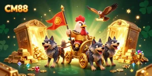 Engage with CM88's exciting gaming universe through the thrilling illustration of a rooster warlord commanding gold treasures.
