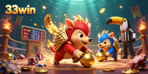Engage in thrilling gameplay with 33win as colorful pangolins bowl through poker chips amidst dynamic casino elements.