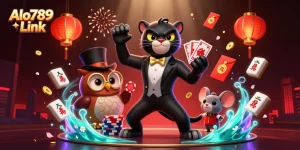 Alo789 Link showcases a 3D scene with a stylish panther dealing cards, an owl holding chips, and a lucky mouse, embodying an exciting online gambling ambiance.