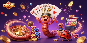 Experience excitement at on68l with a lively 3D scene of a cartoon dealer, high-roller, and fun elements.