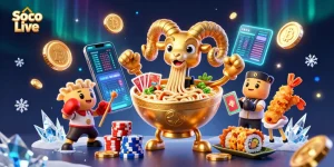 Soco Live features an exhilarating scene with a giant ramen bowl, crypto coins, and vibrant characters delivering a dynamic gambling environment.