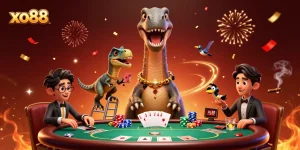 Experience the thrill of xo88 as cartoon dinosaurs engage in a lively poker game amidst casino excitement.