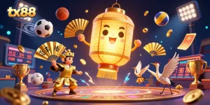 Experience tx88 in a vibrant 3D casino scene with glowing lanterns, sports balls, and golden treasures.