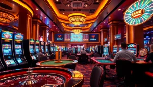 Mengakses KEY4D LOGIN dalam suasana kasino yang mewah dengan mesin slot dan meja kartu.