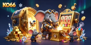 KO66 slots come alive with a whimsical steampunk elephant operating a golden slot machine