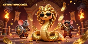 Crownwoods showcases an engaging 3D illustration featuring Medusa and warrior mouse in a dynamic casino setting.
