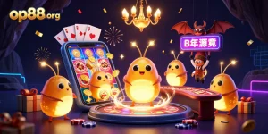 Experience the magic of op88org as glowworms illuminate a casino with golden tails, featuring vibrant slot games.