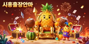 Experience the excitement of 시흥출장안마 with a 3D magical casino scene showcasing a golden pineapple king, vibrant celebrations, and underwater treasures.
