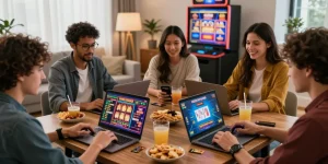 Engaging group playing at casinos that accept credit cards in a lively home setting.