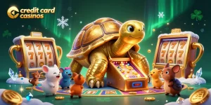 Experience thrilling wins at credit card casinos with vibrant cartoon tortoise and dynamic slot reels.
