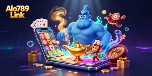 Gamblers enjoy an immersive experience with Alo789 Link featuring a vibrant slot game, golden coins, and colorful characters.